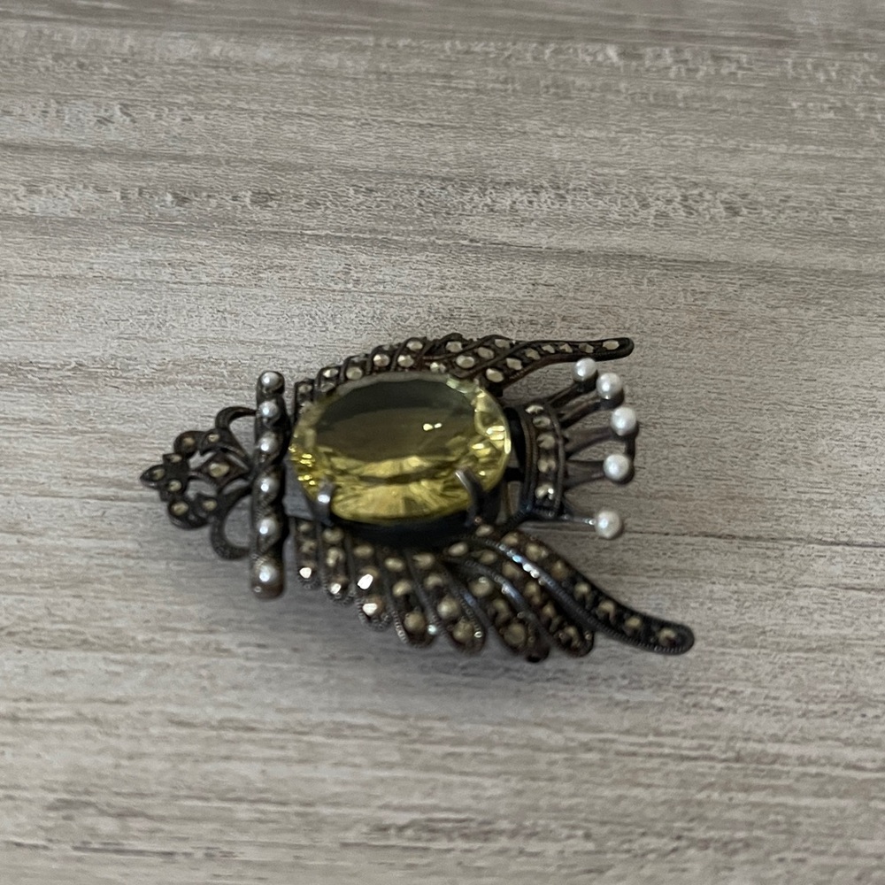 Lemon Citrine Marcasite and Pearl Sterling Silver Brooch - Picture 6 of 8